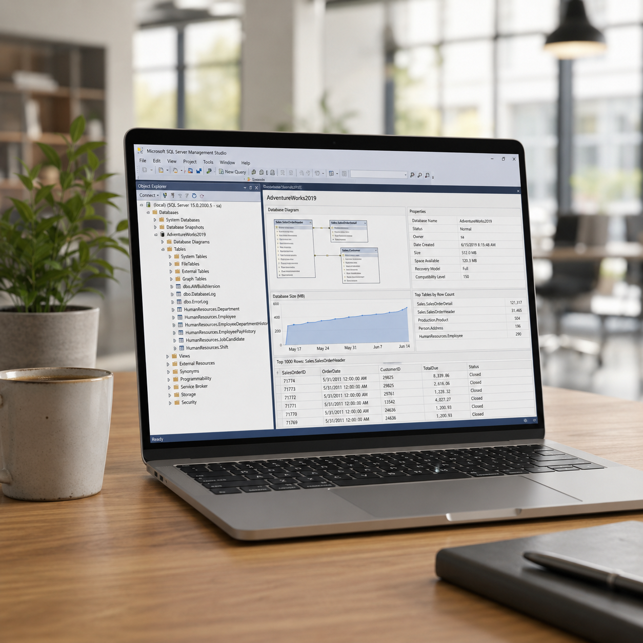 Laptop on a desk displaying a software interface