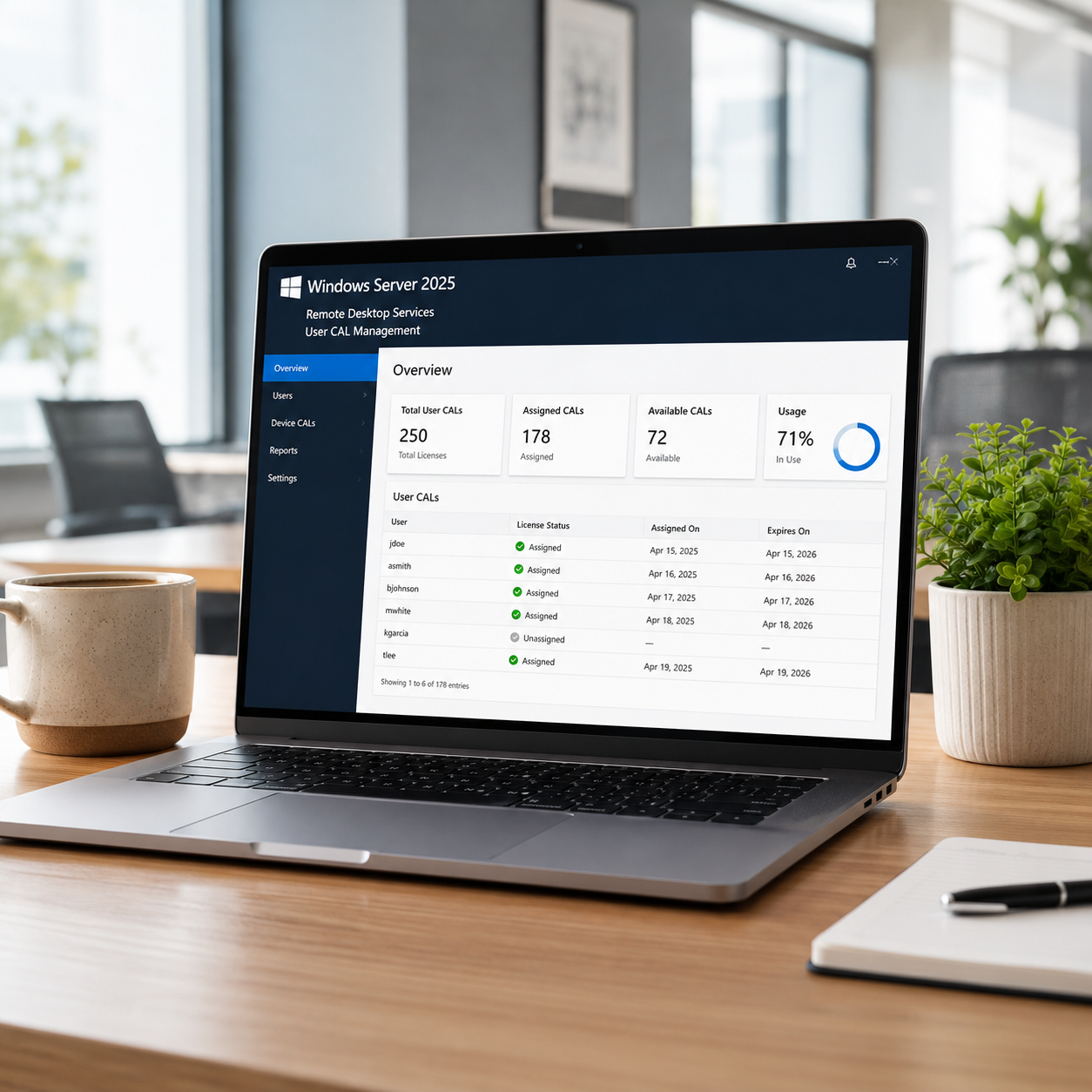 Laptop on a desk displaying Windows Server 2025 software