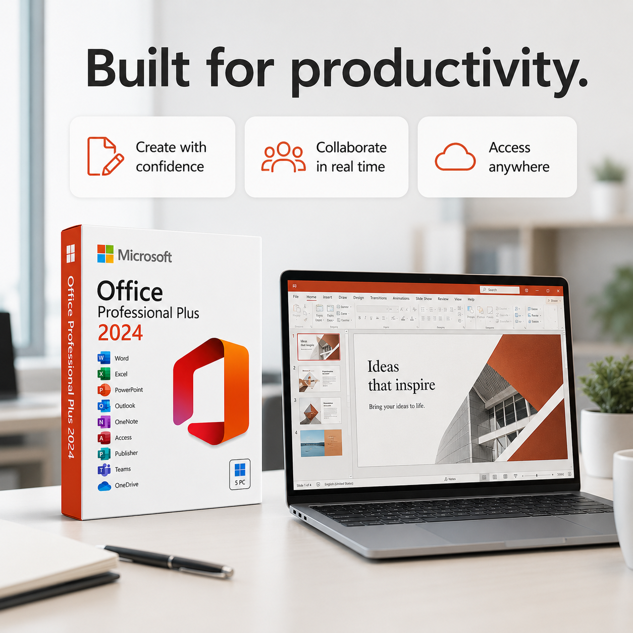 Microsoft Office Professional Plus 2024 packaging with a laptop displaying productivity features