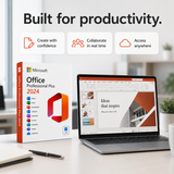 Microsoft Office Professional Plus 2024 packaging with a laptop displaying productivity features