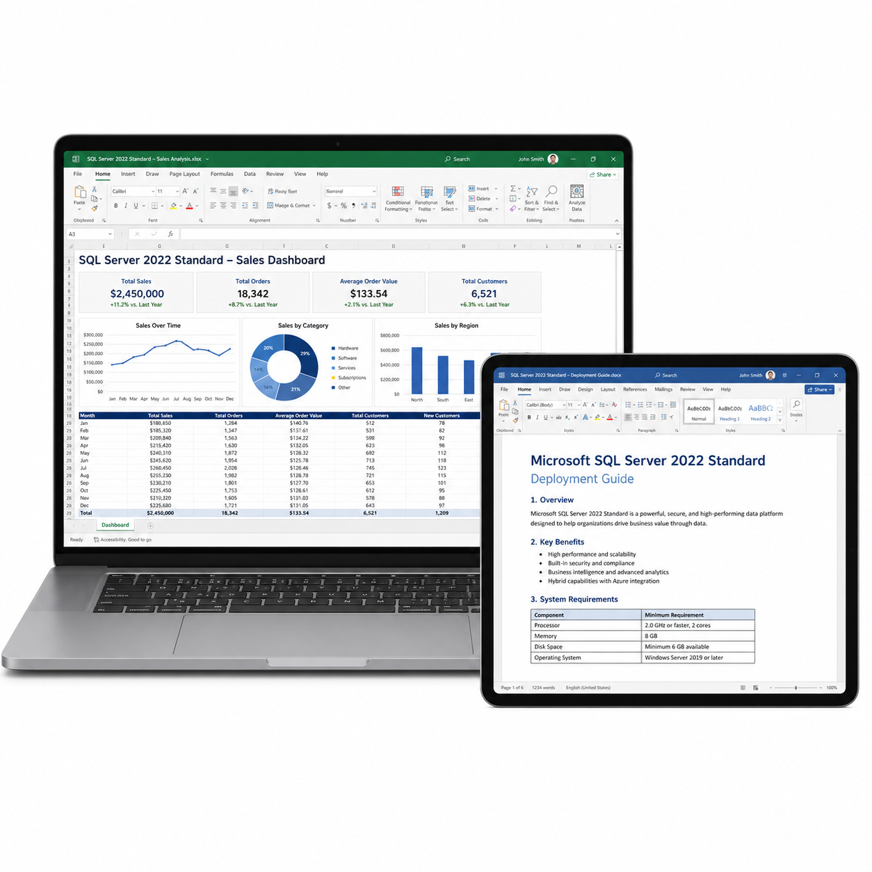 Laptop and tablet displaying Microsoft SQL Server 2022 Standard software