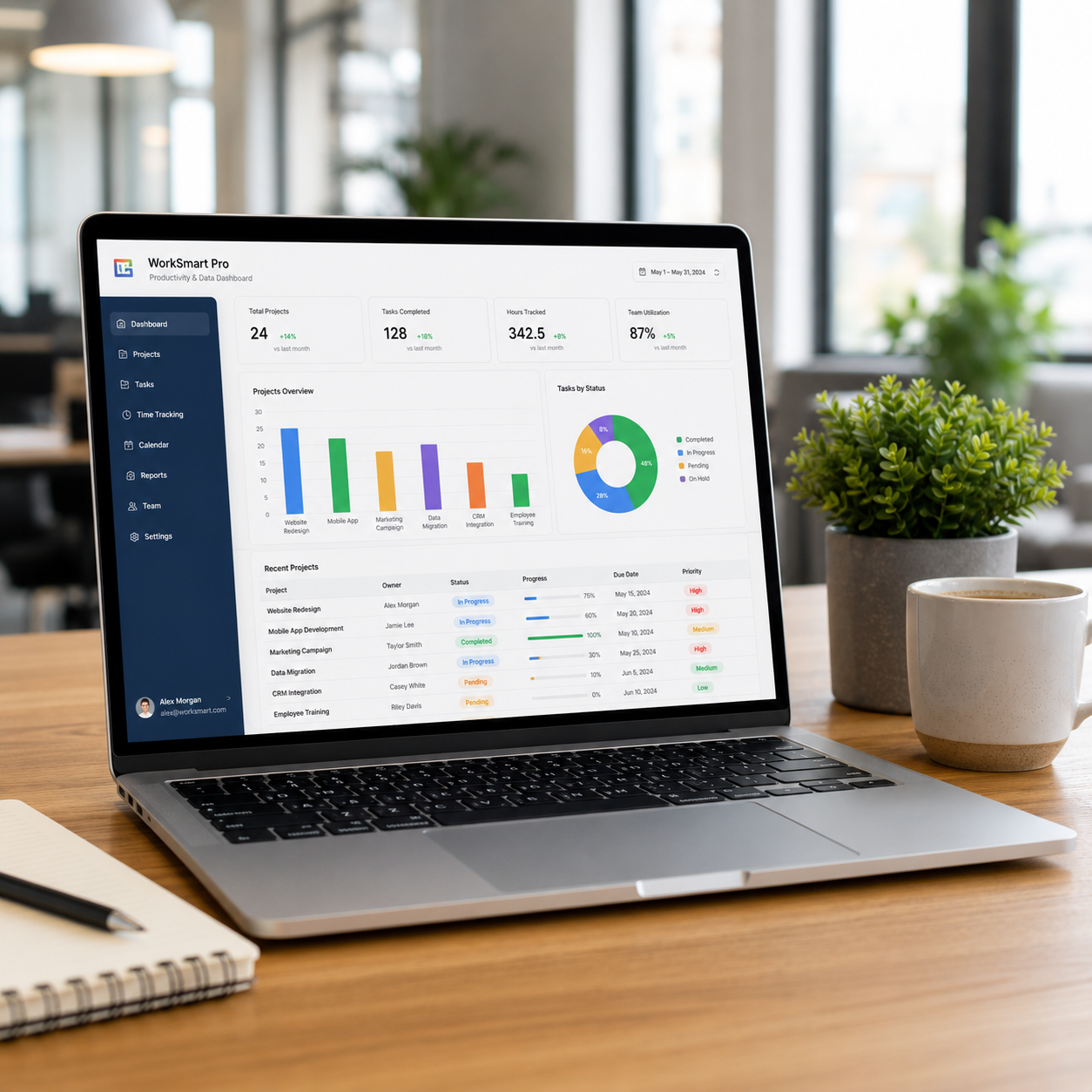Laptop on a desk with a productivity software interface