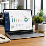 Laptop on a desk with a productivity software interface