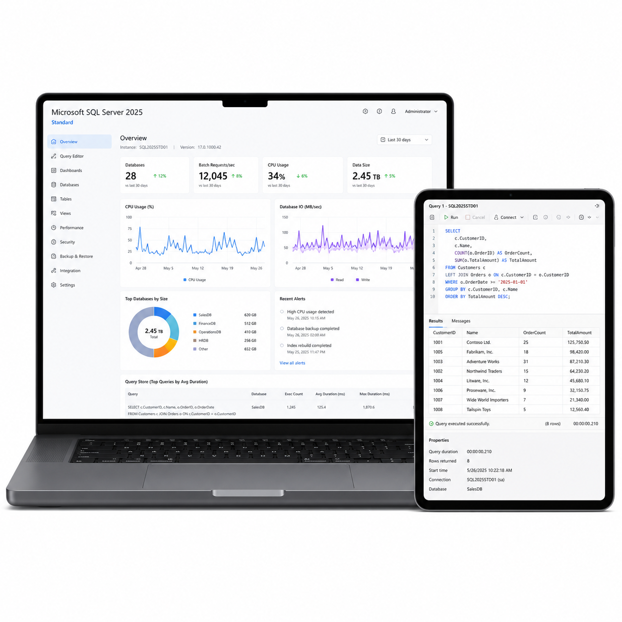 Laptop and tablet displaying Microsoft SQL Server 2025 software