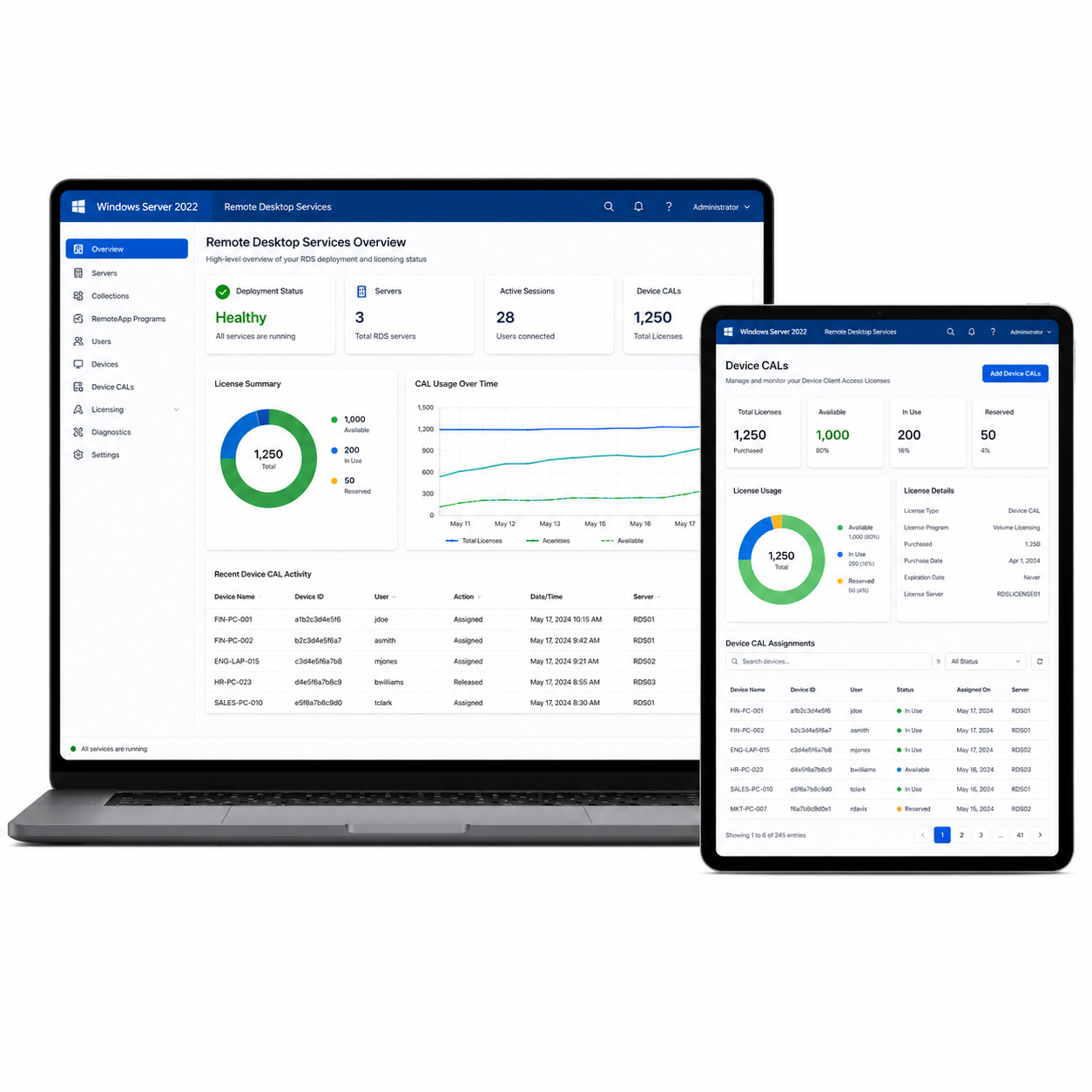 Laptop and tablet displaying Windows Server 2022 Remote Desktop Services Overview