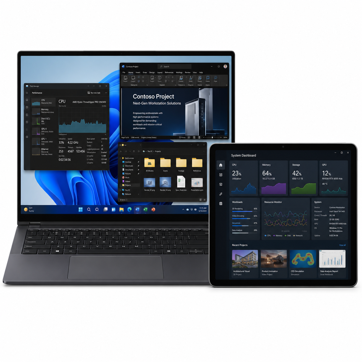Laptop and tablet displaying software interfaces