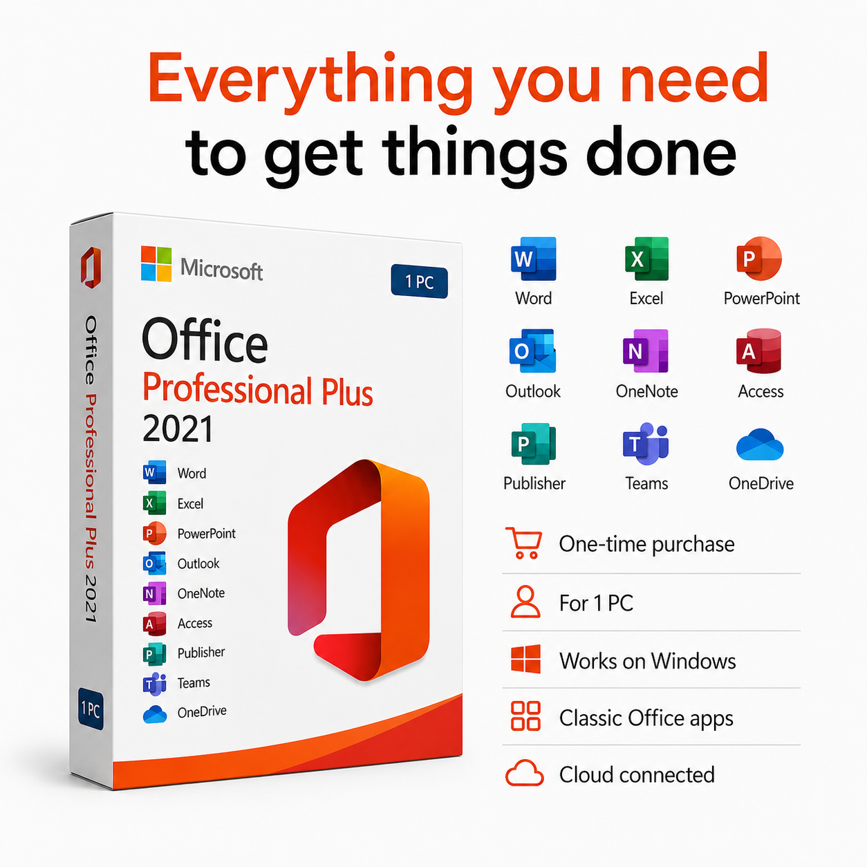 Microsoft Office Professional Plus 2021 packaging with product features 