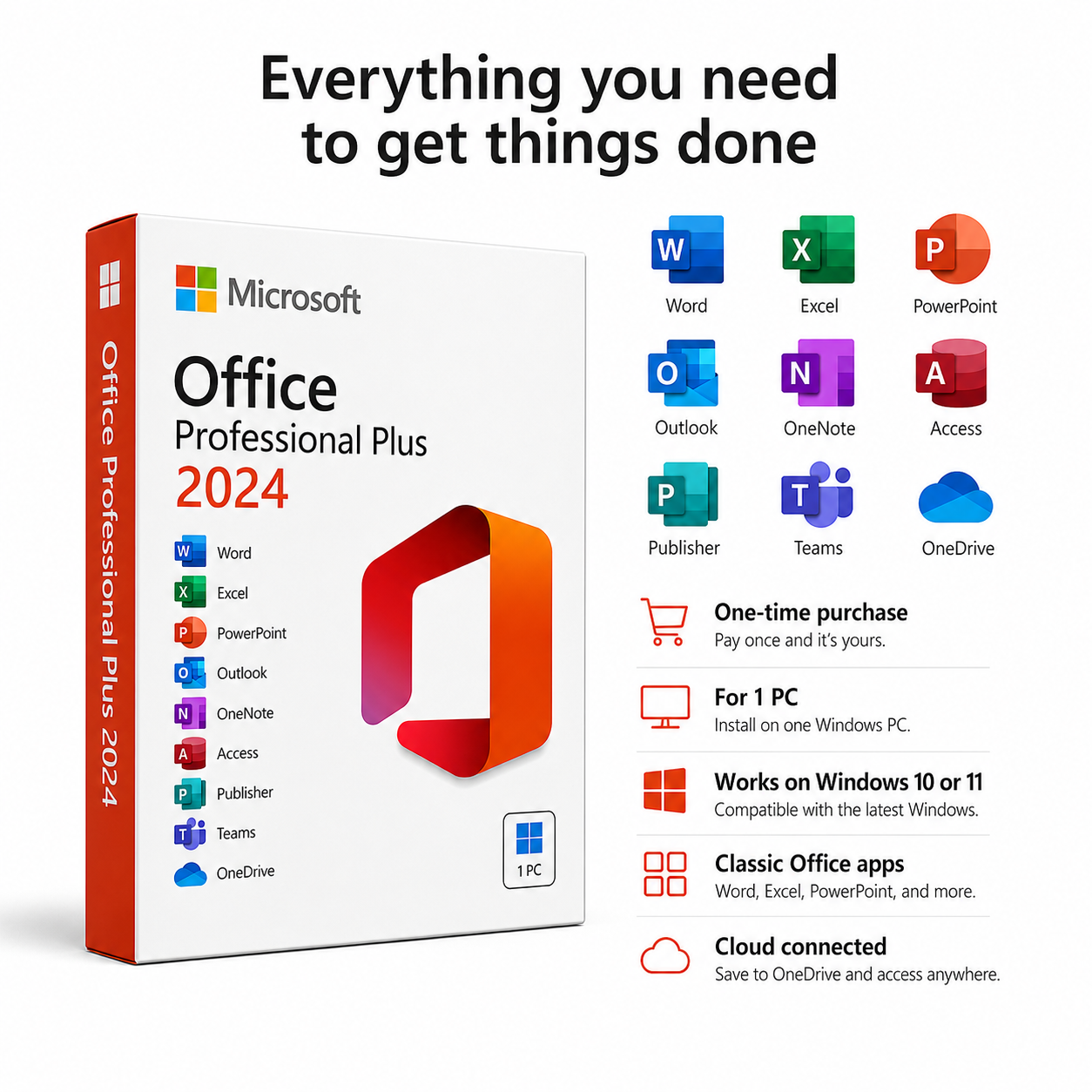 Microsoft Office Professional Plus 2024 product features listed.