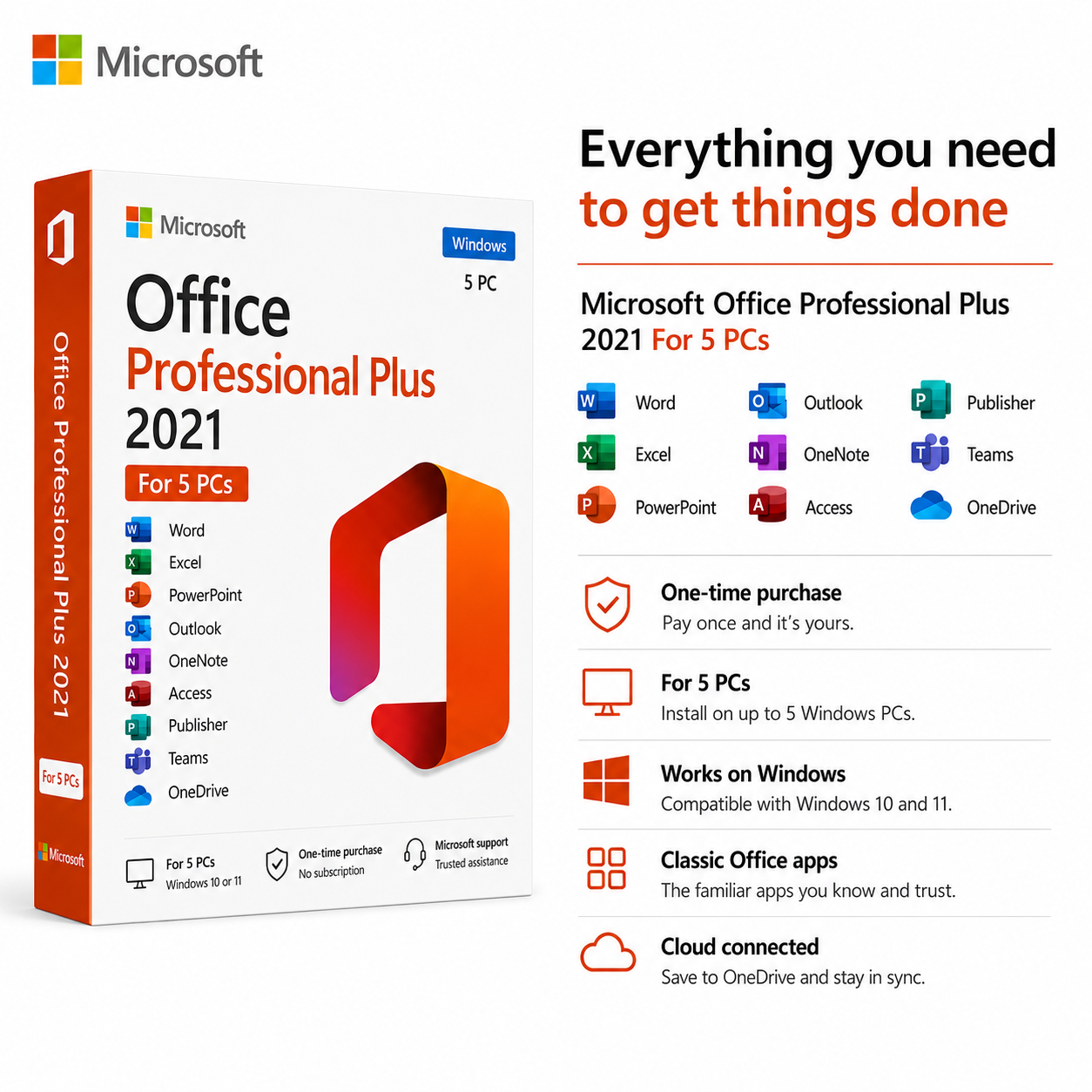 Microsoft Office Professional Plus 2021 packaging with features listed 
