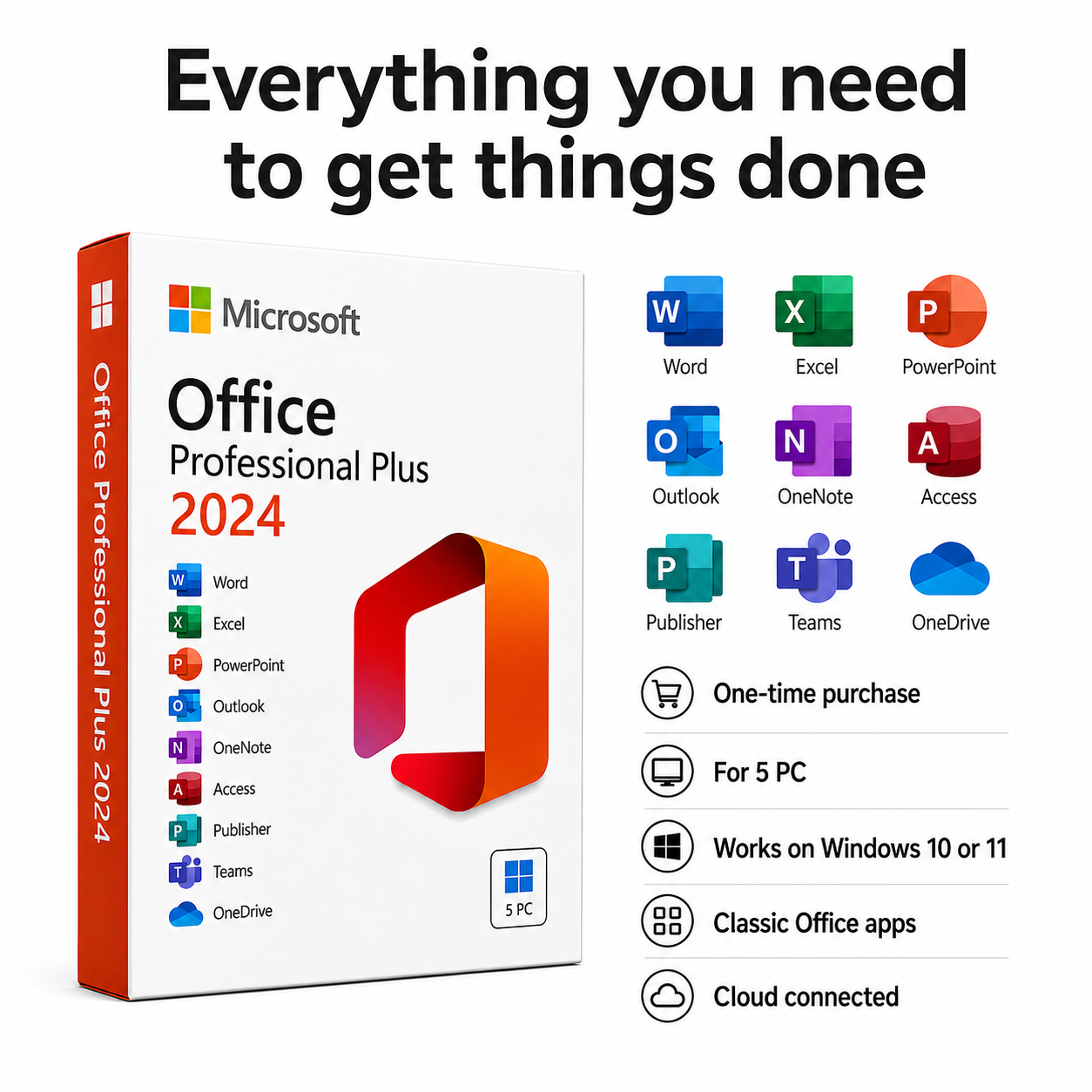 Microsoft Office Professional Plus 2024 packaging with product features listed 