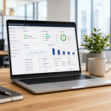 Laptop on a desk displaying a Microsoft SQL_Server_2025_Standard dashboard with graphs and charts.