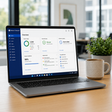 Laptop on a desk with a Windows 11 Enterprise software interface