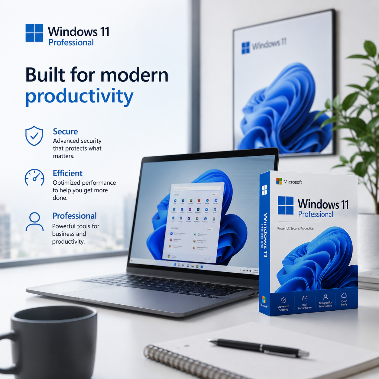 Laptop with Windows 11 Pro on screen and packaging, with 'Built for modern productivity' text.