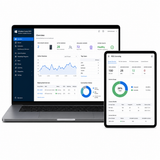 Laptop and tablet displaying Windows Server 2019 RDS 50 User CAL application interface with graphs and statistics.
